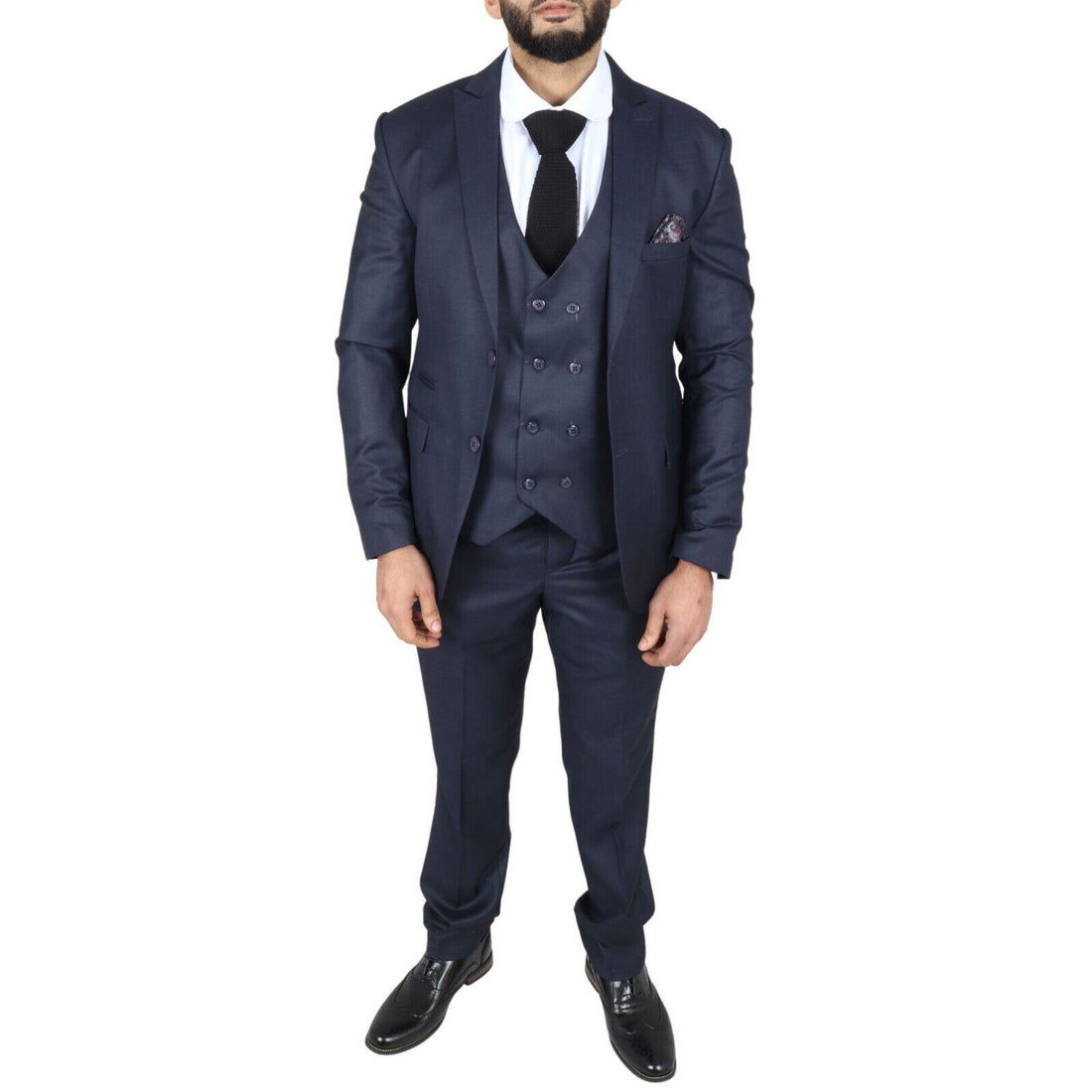 Mens IM1 Double Brusted Plain Navy 3 Piece Suit - Upperclass Fashions 