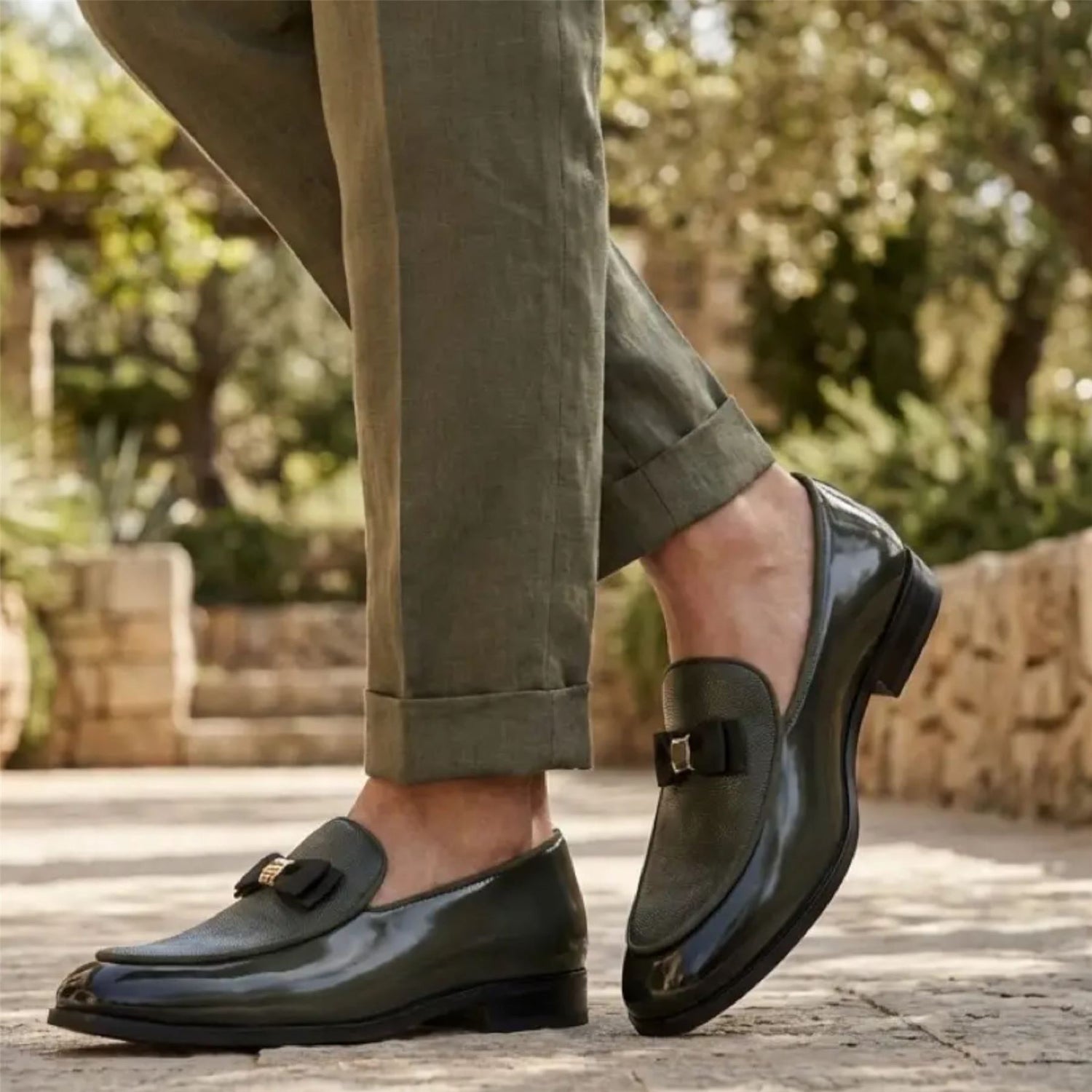 Mens Olive Green Textured Front Iconic Buckle Bow Loafers Shoes