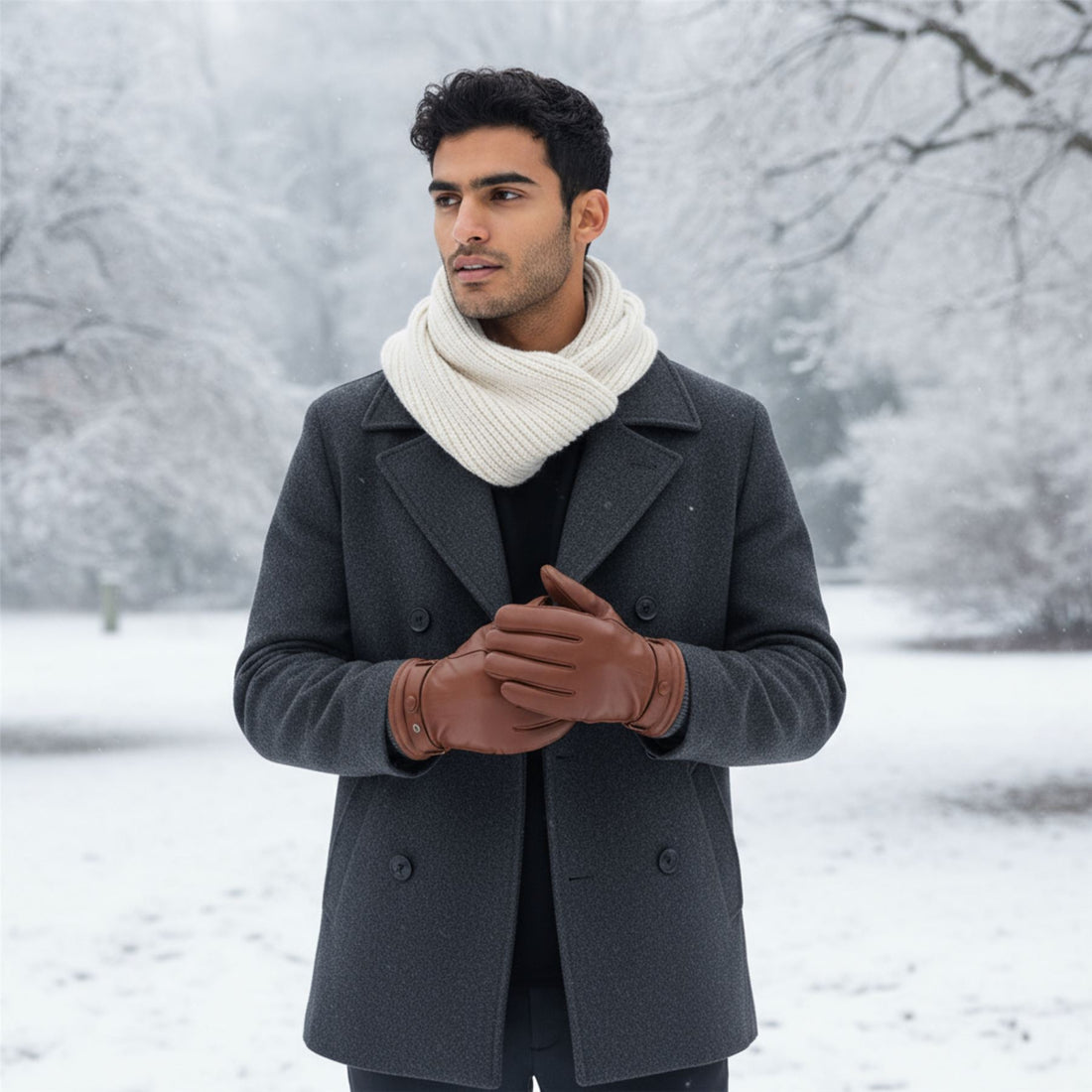 Men’s Italian Leather Warm Wool Lining Winter Knit Rib Gloves - M-LGV-105