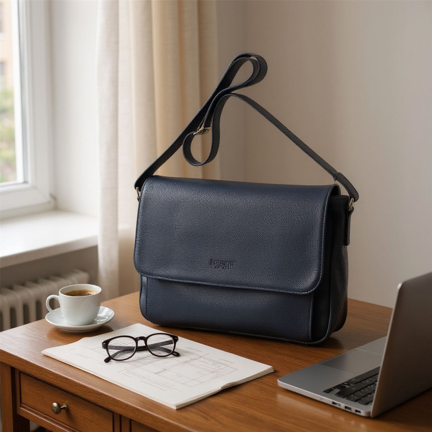 Genuine Leather Navy Laptop Bag Travel Work Messenger Satchel - Camden