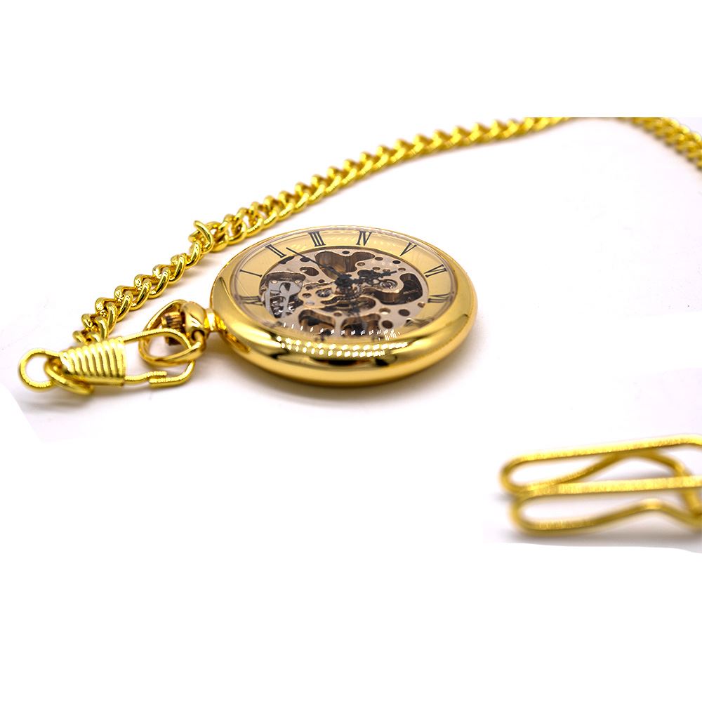 Mechanical Golden Skeleton Open-Face Chain Pocket Watch