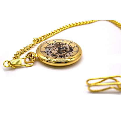 Mechanical Golden Skeleton Open-Face Chain Pocket Watch