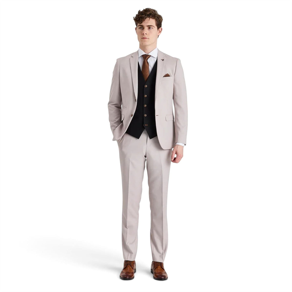 Mens Cream Suit with Black Waistcoat 3 Piece Wedding Suit - Mayfair