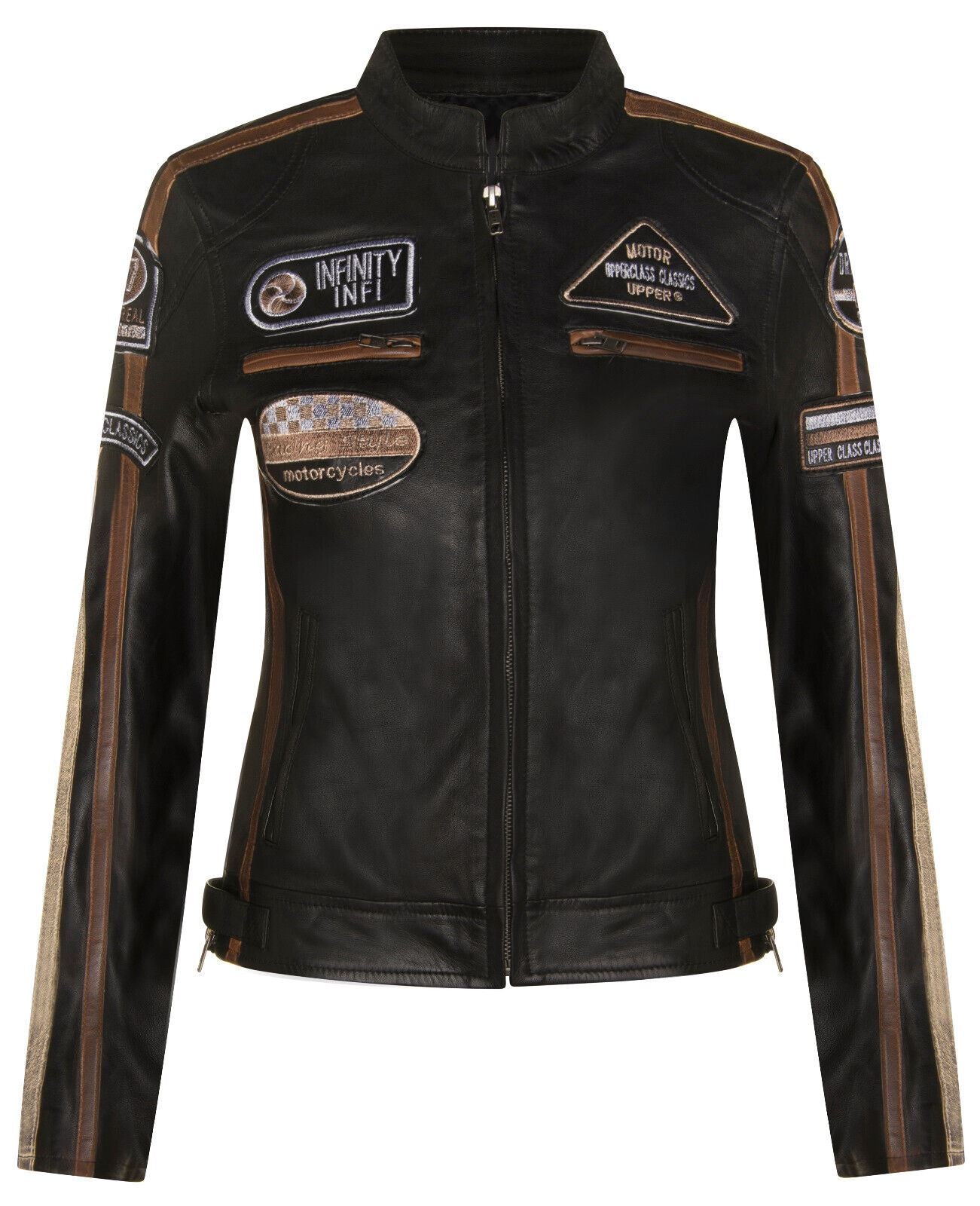Womens Biker Racing Badges Leather Jacket-Eastleigh