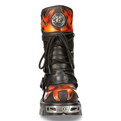 New Rock Flame Accented Black/Red Leather Biker Skull Boots - 107-S1