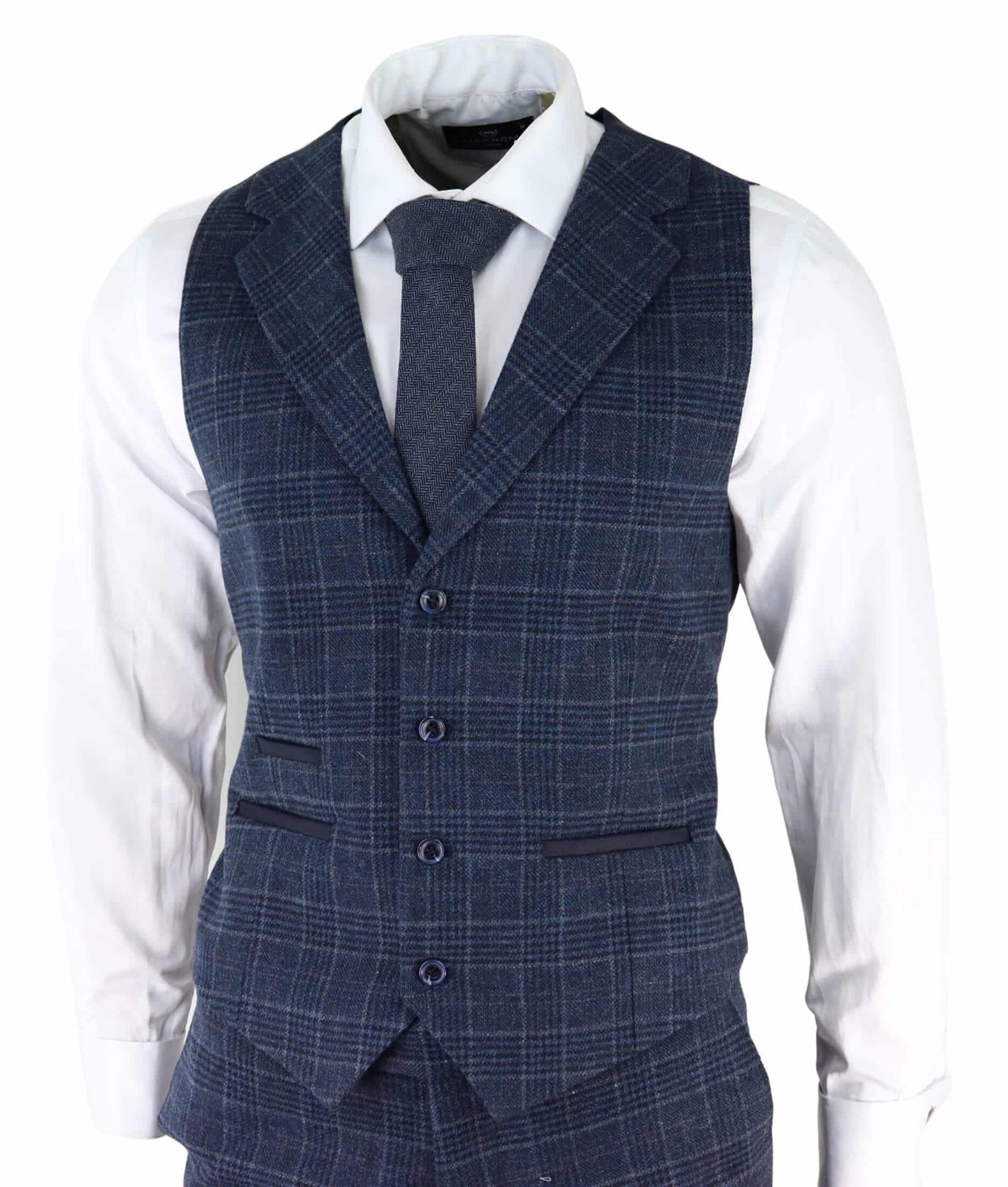 Mens Blue Check 3 Piece Tweed Suit Peaky Blinders 1920s Gatsby Tailored Fit