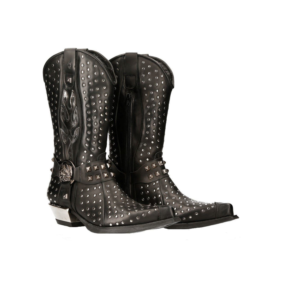 New Rock Black Leather Studded Cowboy Boots- M-7928-S1