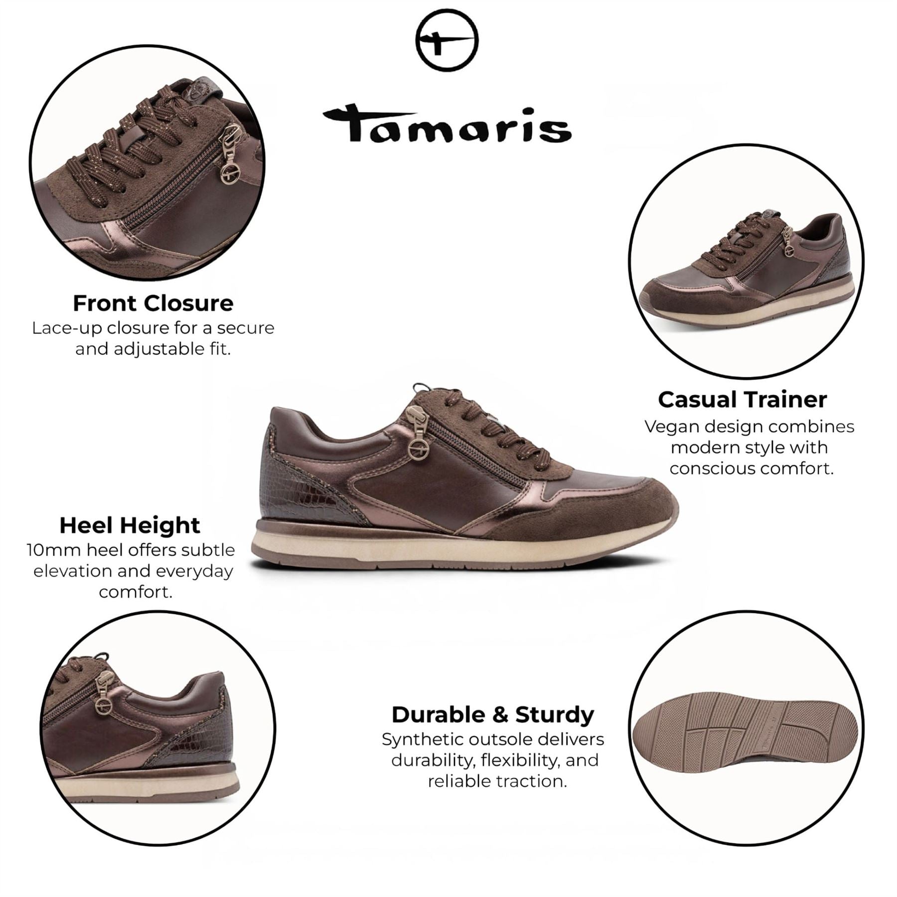 Tamaris Womens Brown Faux Leather Fashion Lace Up Sneakers - 23613-46