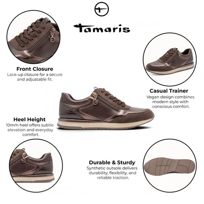 Tamaris Womens Brown Faux Leather Fashion Lace Up Sneakers - 23613-46