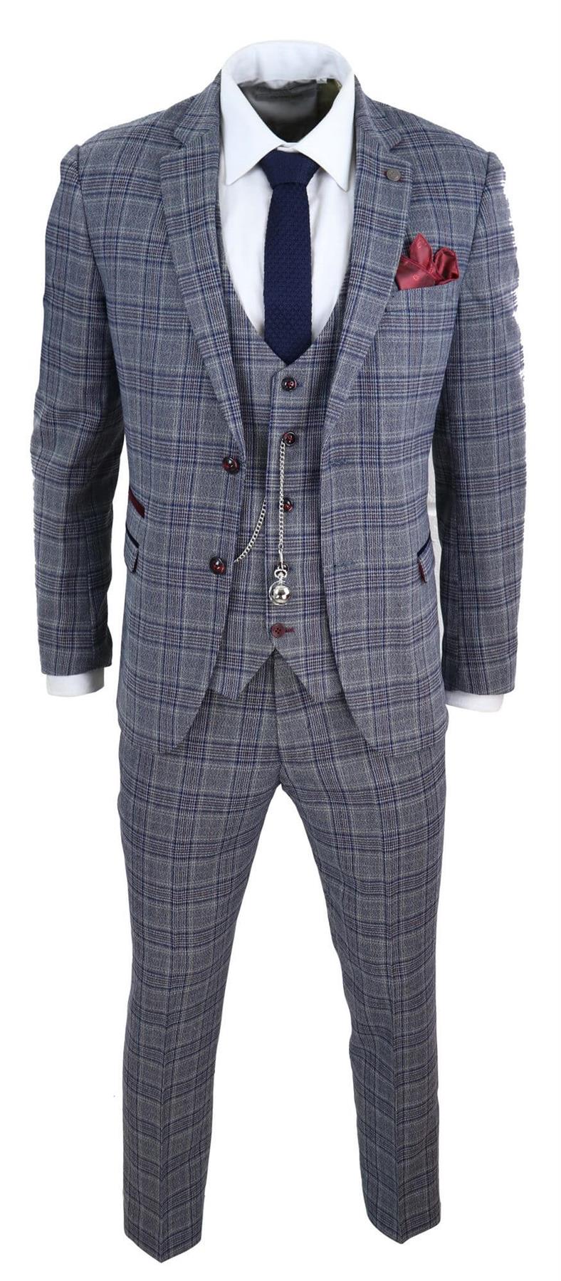 Mens 3 Piece Grey Herringbone Tweed Check Suit - Upperclass Fashions 