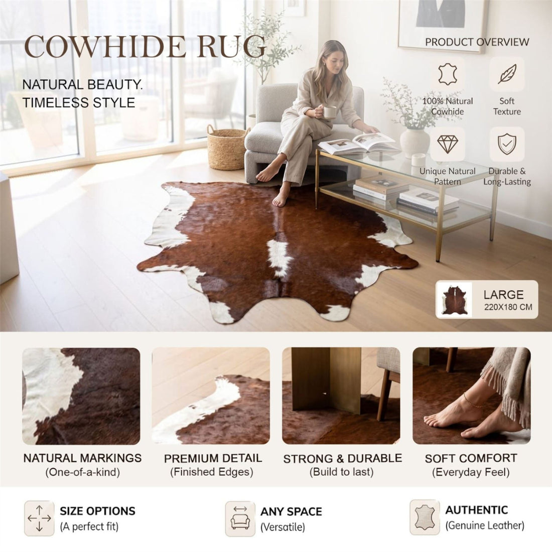 Natural Cow Leather Cowhide Hairon Rug - Hereford