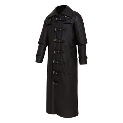 Mens Leather Full Length Buckle Gothic Long Trench Coat - Captain