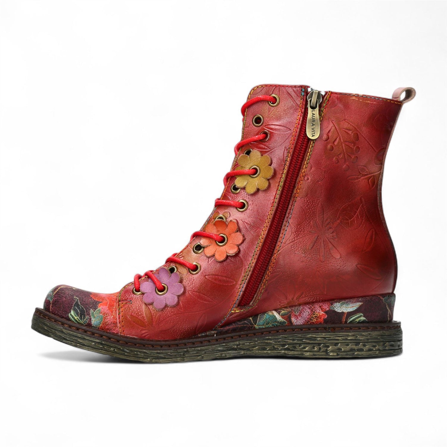 Laura Vita Ercnaulto 212 Red Floral Womens Gothic Victorian Leather Ankle Heeled Boots