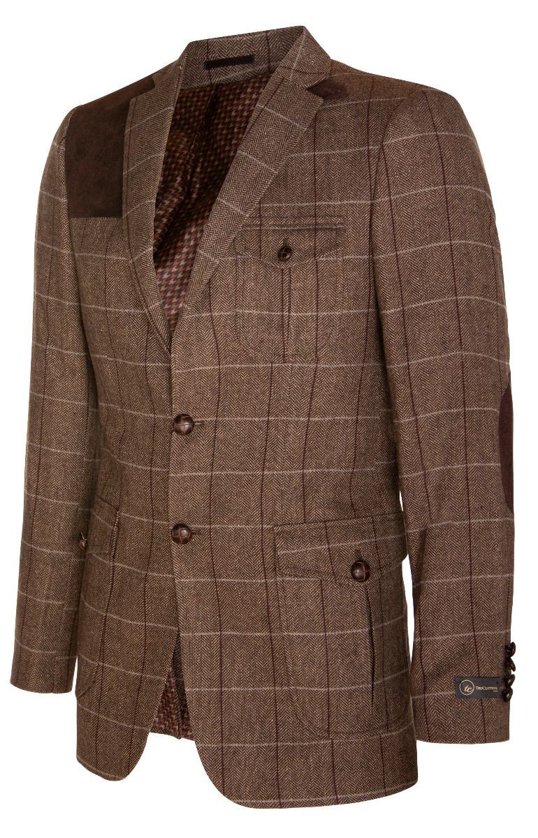 Mens Wool Tweed Shooting Check Hunting Herringbone Blazer Oak Elbow Patch Jacket