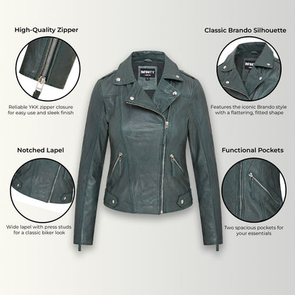 Womens Green Biker Leather Jacket - Wembley