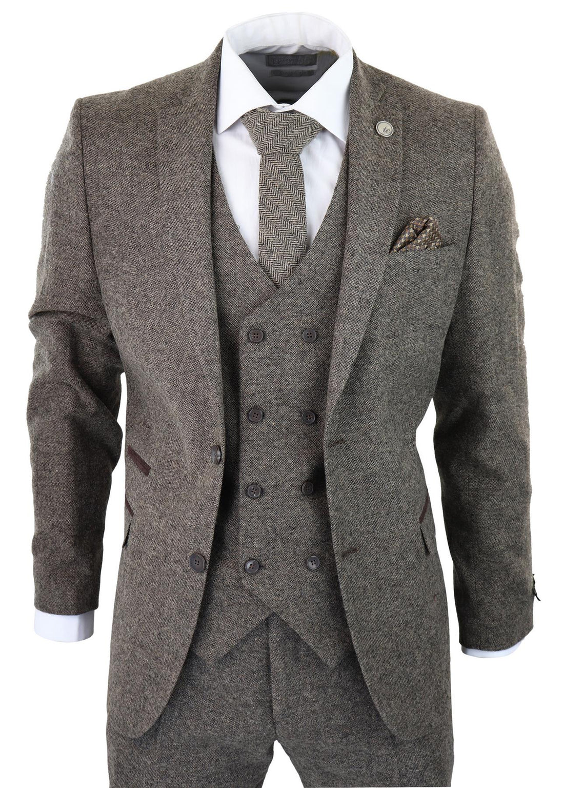 Mens Oak Brown Wool 3 Piece Suit Double Breasted Waistcoat Tweed Peaky Blinders 1920s