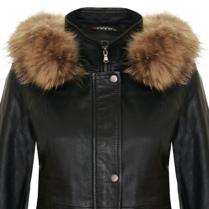 Womens Warm Leather Hooded Parka Jacket-Northwich