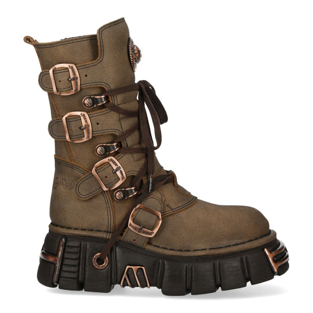 New Rock Brown Leather Gothic Mid-Calf Biker Boots - M-373XL-C120