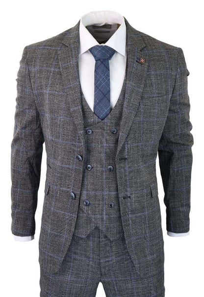 Mens 3 Piece Grey With Blue Check Tweed Vintage Classic Suit - Upperclass Fashions 