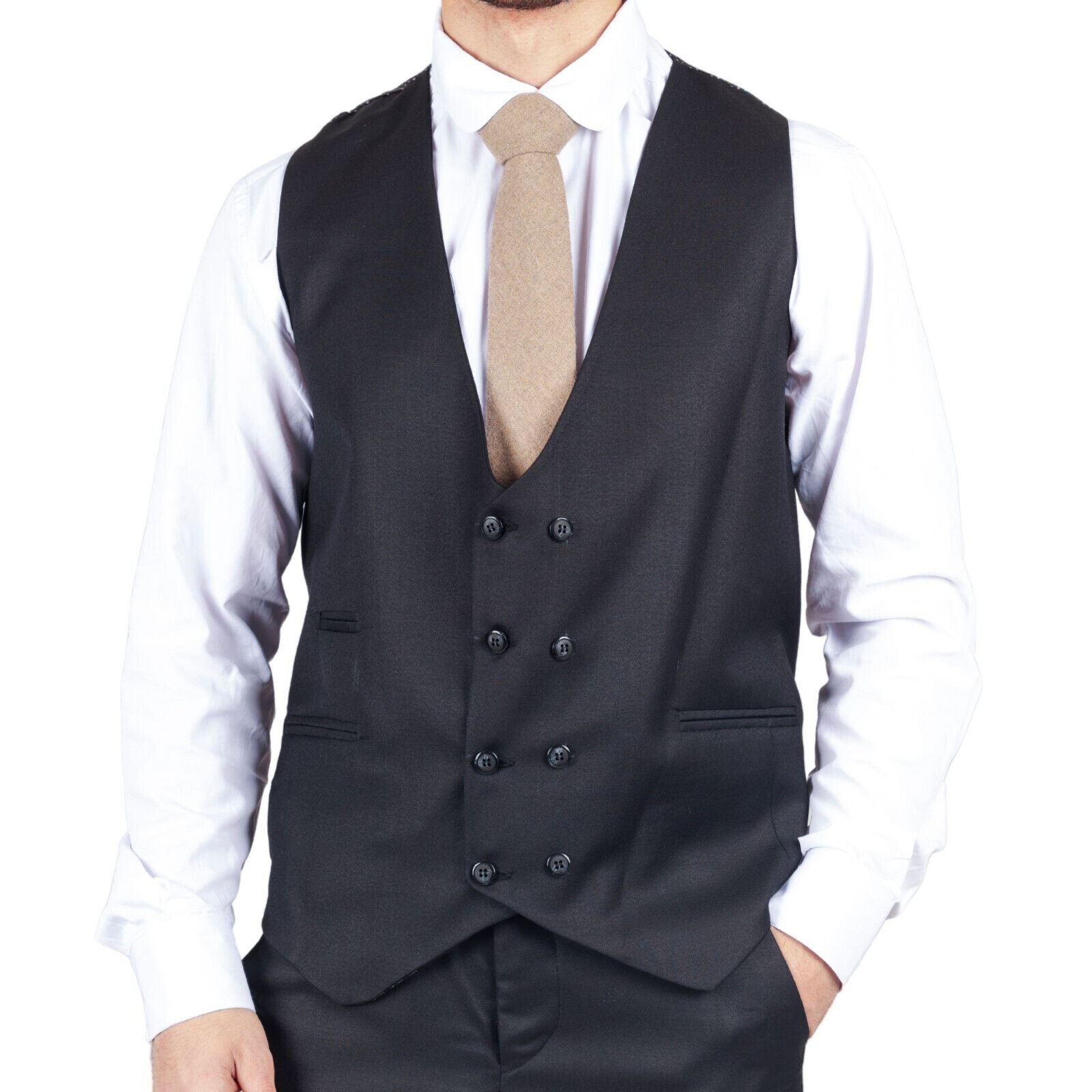 Mens IM1 Double Brusted Plain Black 3 Piece Suit - Upperclass Fashions 