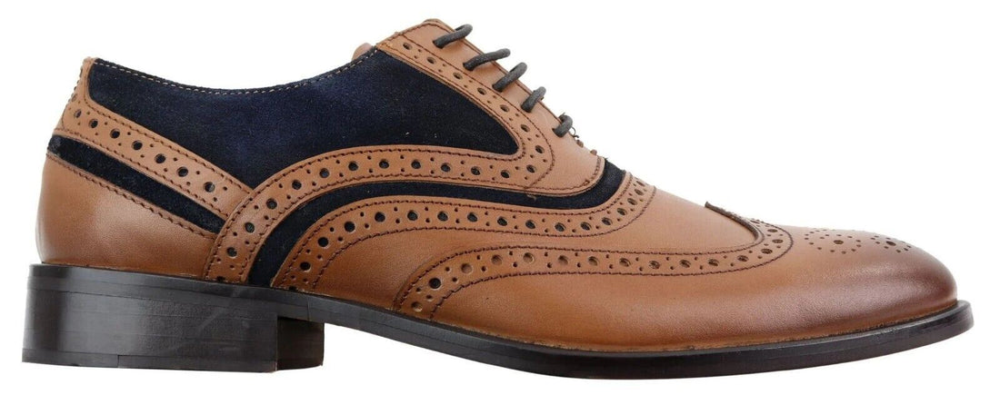 Mens Retro Oxford Navy Suede Brogue Shoes in Tan Leather - Upperclass Fashions 