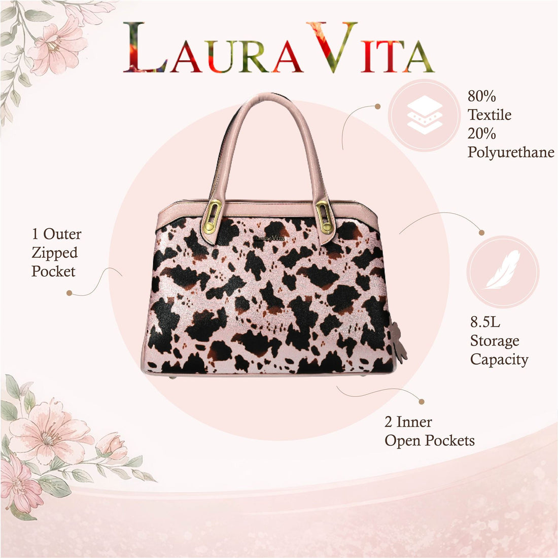 Laura Vita Aramis-08 Womens Rose Pink Floral Print Adjustable Straps Shoulder Tote Handbag