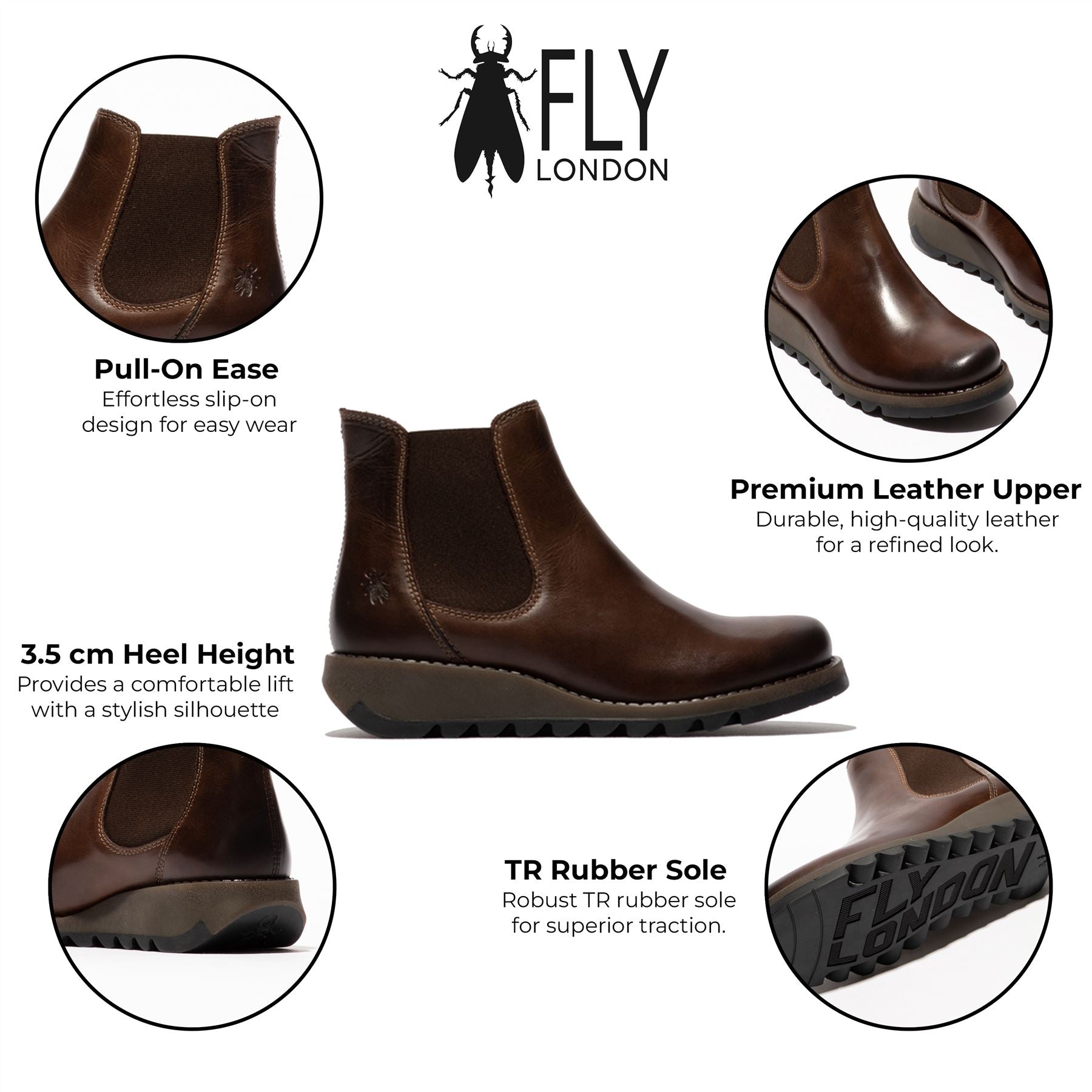 Fly London Womens Brown SALV Chelsea Leather Ankle Casual Wedge Heel Boots