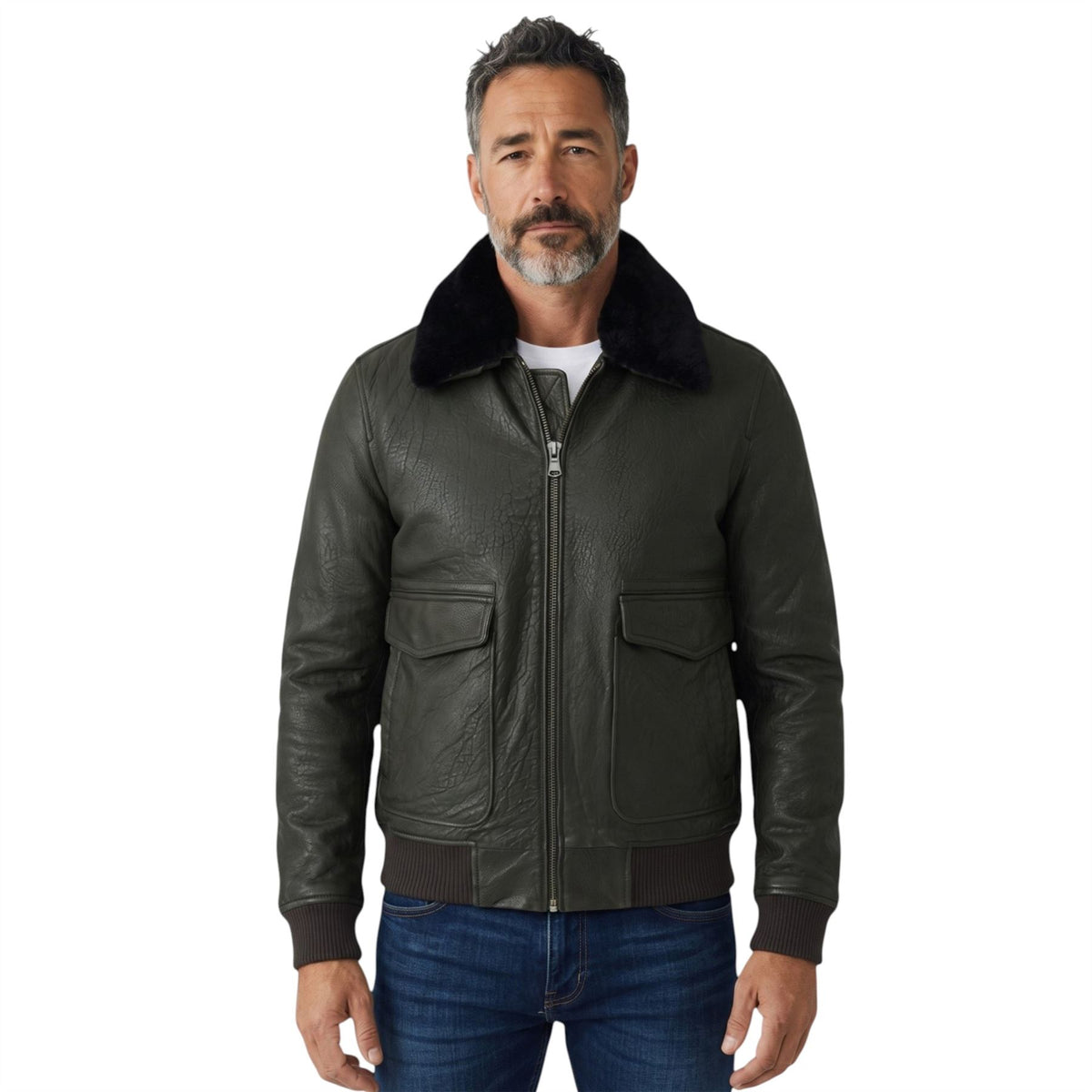 Mens Leather Aviator Bomber Jacket - Lunar