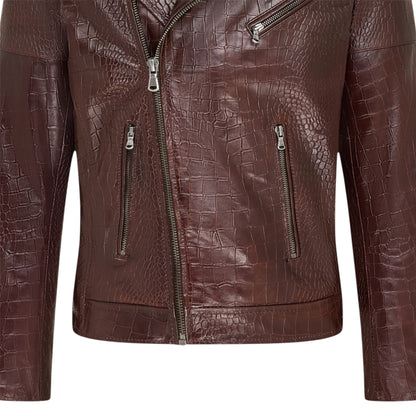 Mens Cow Leather Alligator Print Embossed Biker Jacket - Rot