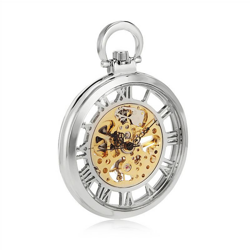Open-Face Silver Alloy Mechanical Skeleton Silver Pocket Watch