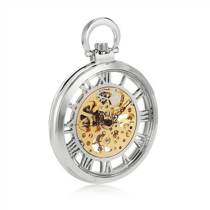 Open-Face Silver Alloy Mechanical Skeleton Silver Pocket Watch