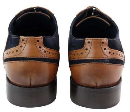 Mens Retro Oxford Navy Suede Brogue Shoes in Tan Leather - Upperclass Fashions 