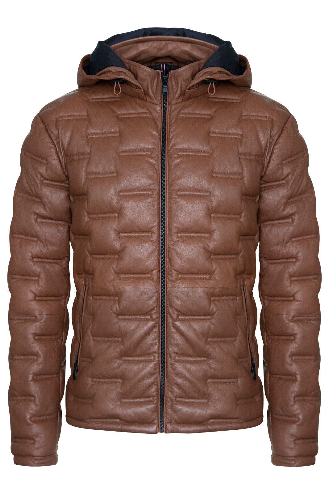Mens Hooded Puffer Leather Bomber Jacket - Tadley