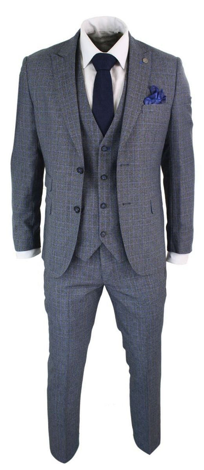 Mens 3 Piece Grey Blue Check Vintage Retro Suit