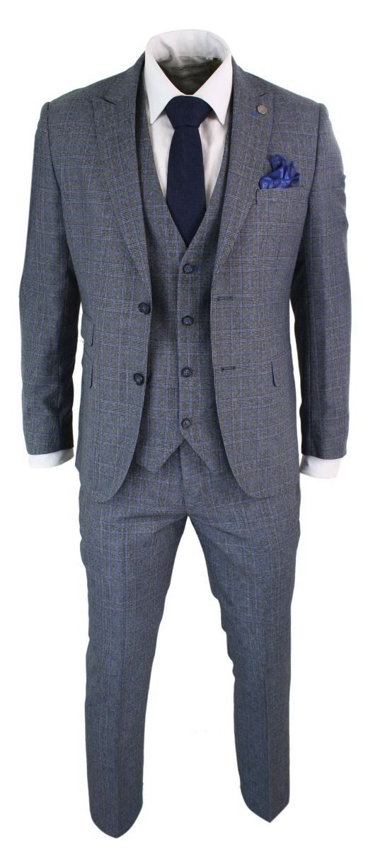 Mens 3 Piece Grey Blue Check Vintage Retro Suit - Upperclass Fashions 