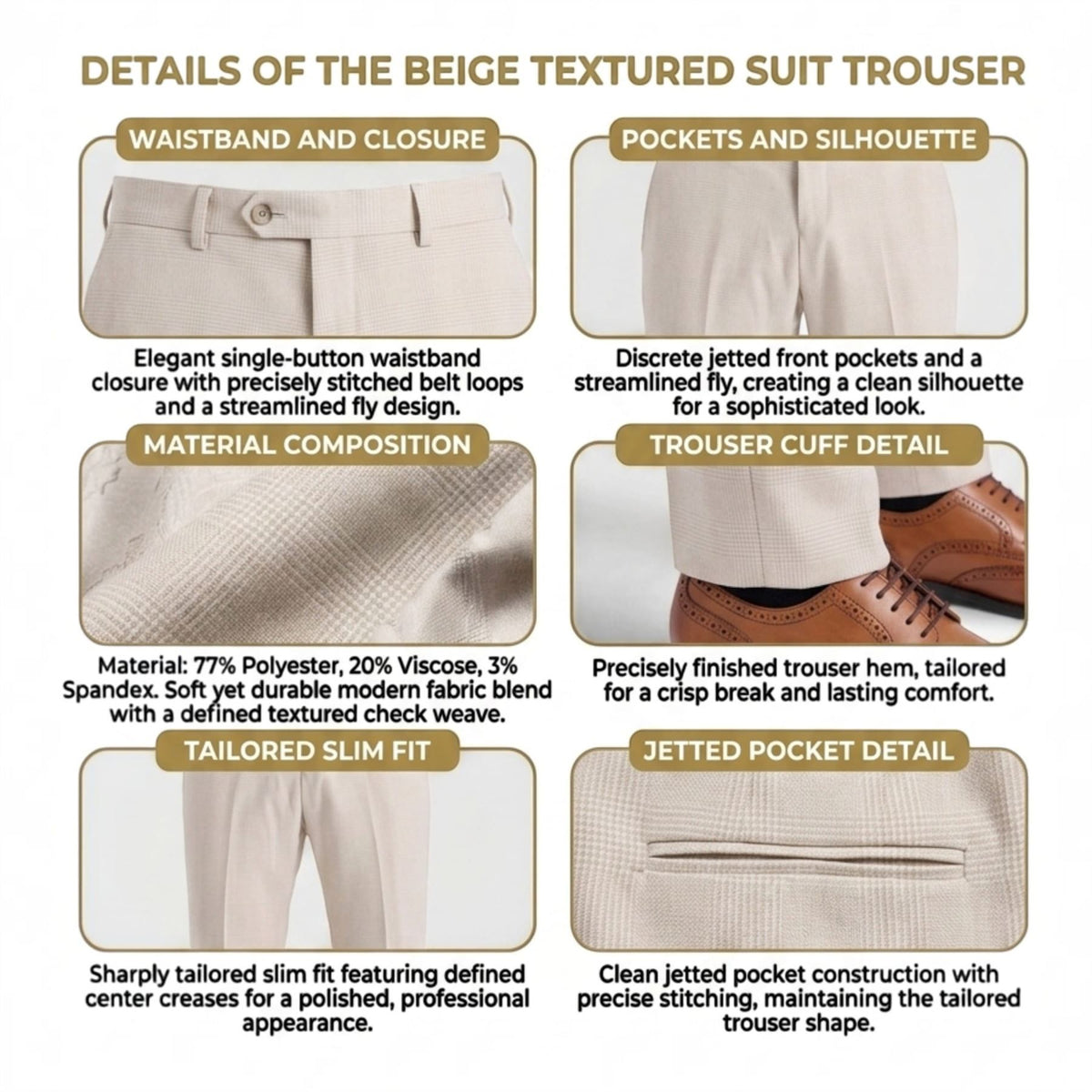 Mens Cream Check Tailored Trousers Formal Pants - Regent