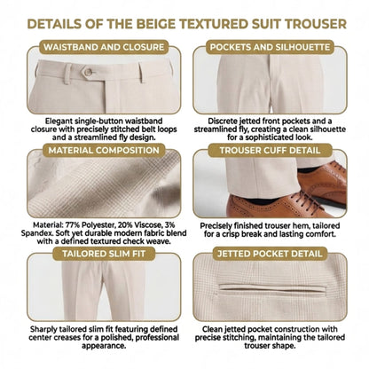 Mens Cream Check Tailored Trousers Formal Pants - Regent