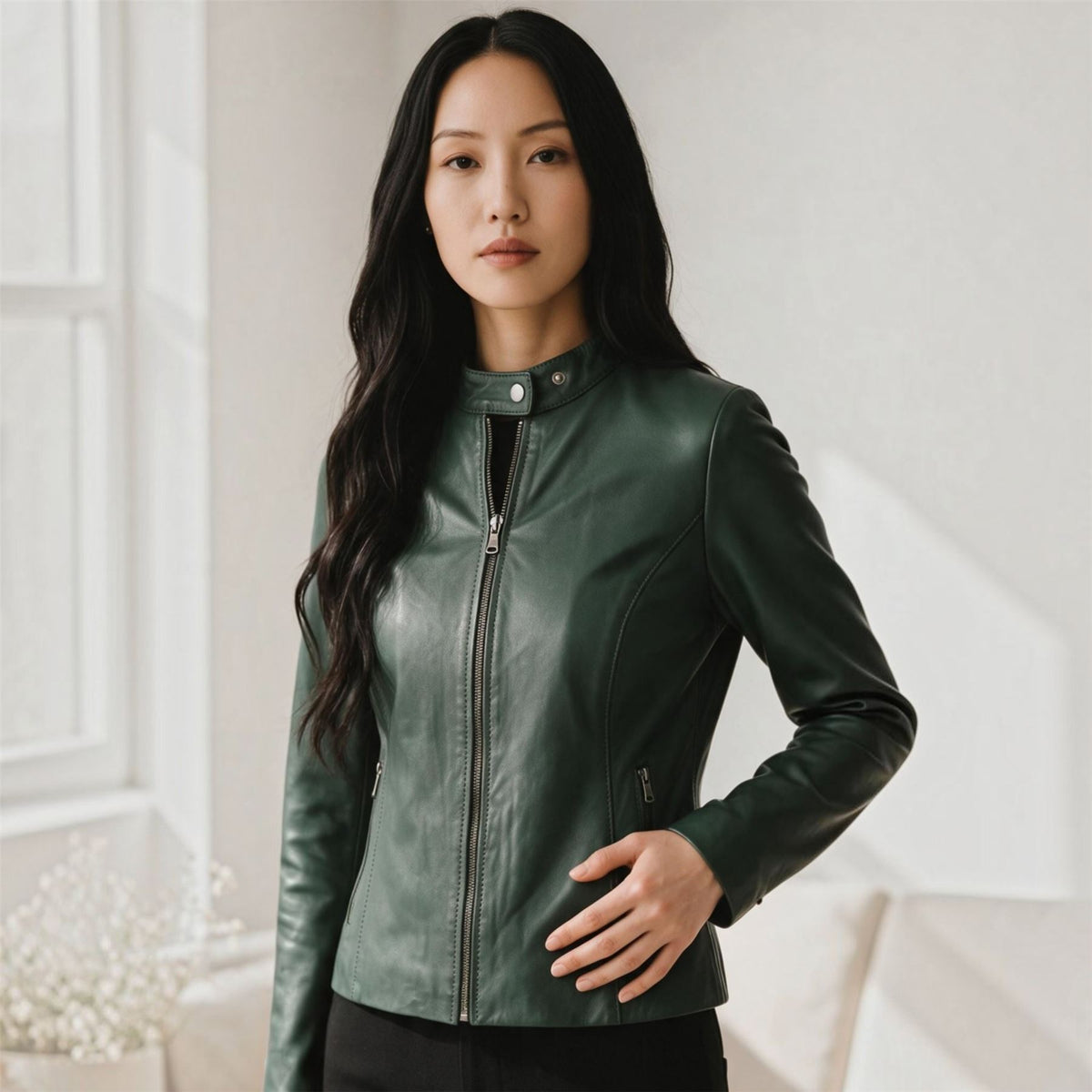 Womens Leather Stand Collar Racer Biker Jacket - 181