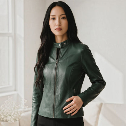 Womens Leather Stand Collar Racer Biker Jacket - 181