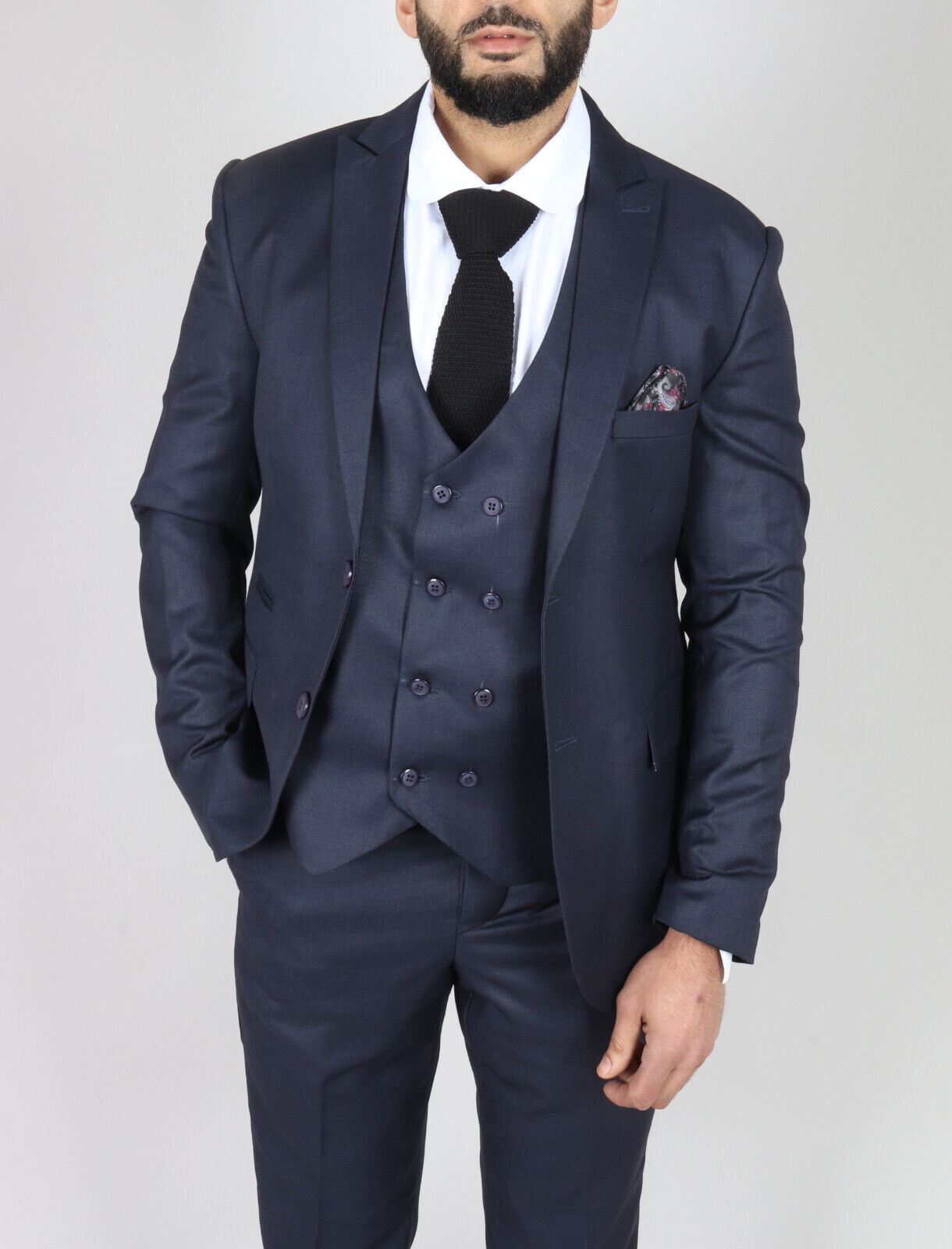 Mens IM1 Double Brusted Plain Navy 3 Piece Suit - Upperclass Fashions 