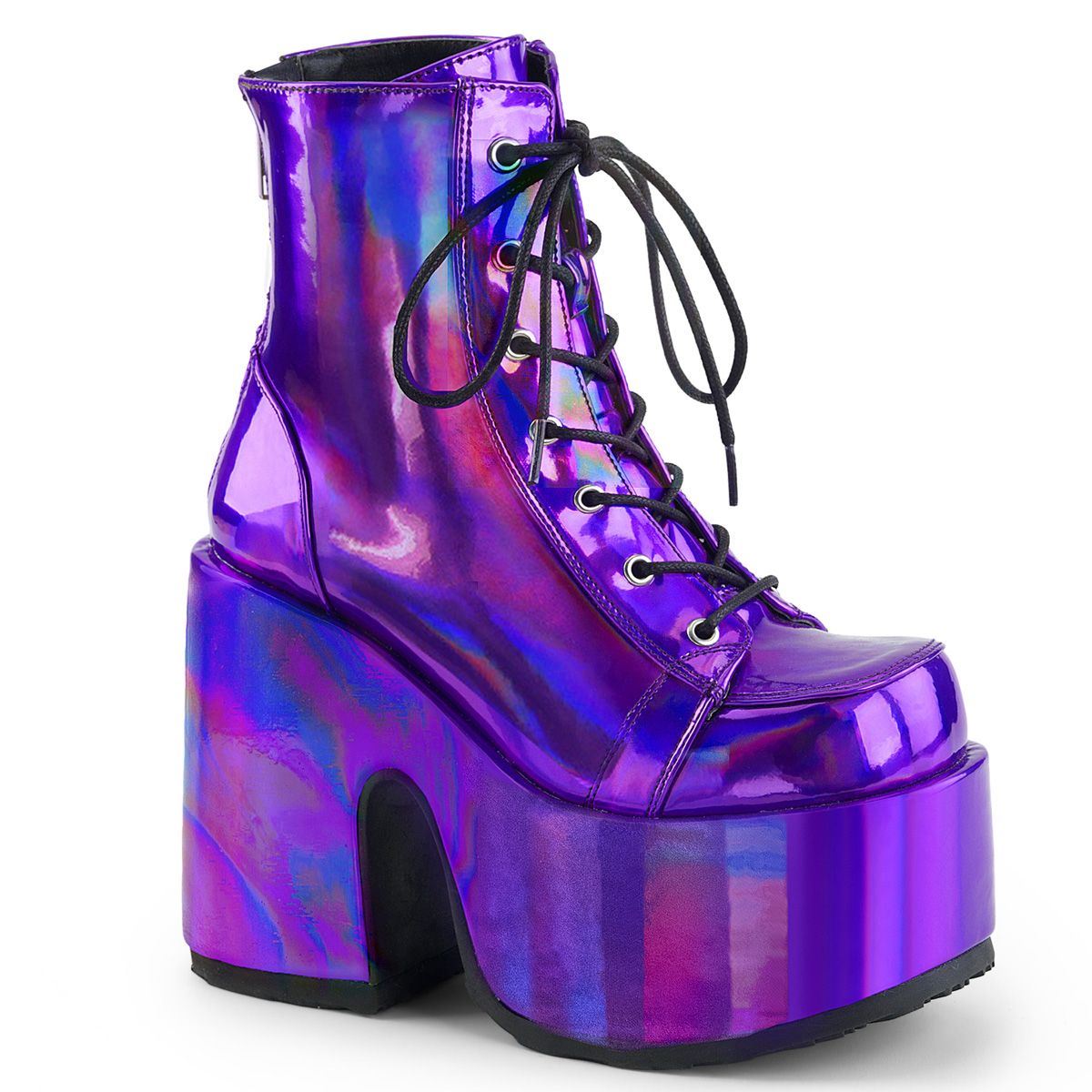 Demonia Camel 203 Purple Holographic Platform Ankle Boots