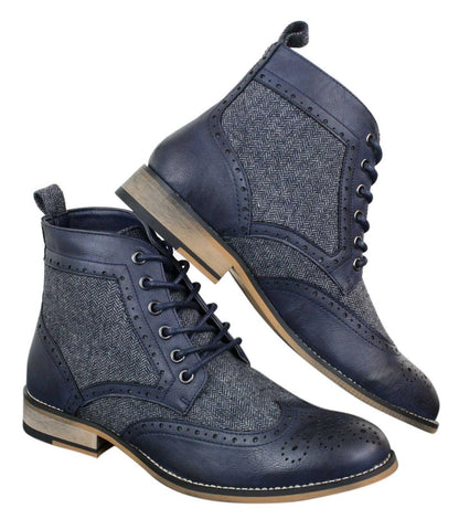 Mens Classic Tweed Oxford Ankle Boots in Navy Leather