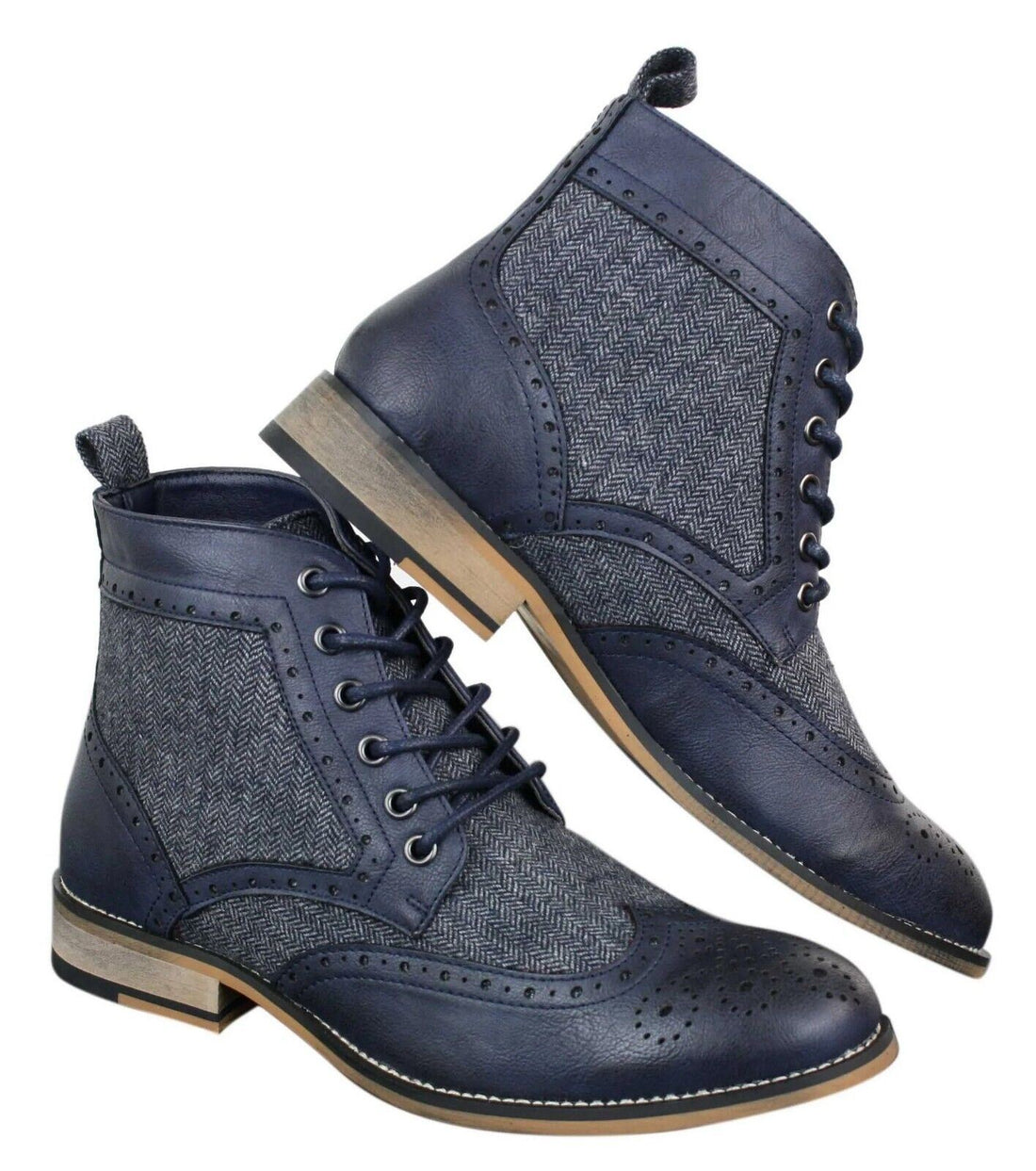 Mens Classic Tweed Oxford Ankle Boots in Navy Leather - Upperclass Fashions 