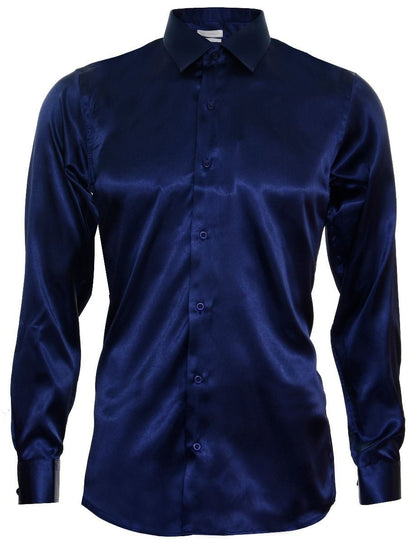 Mens Blue Satin Silk Shirt Smart Casual Button Down Cuff Tailored Fit - Upperclass Fashions 