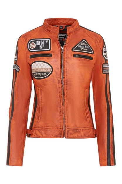 Womens Biker Racing Badges Leather Jacket-Eastleigh