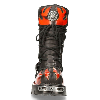 New Rock Flame Accented Black/Red Leather Boots- 591-S1 - Upperclass Fashions 