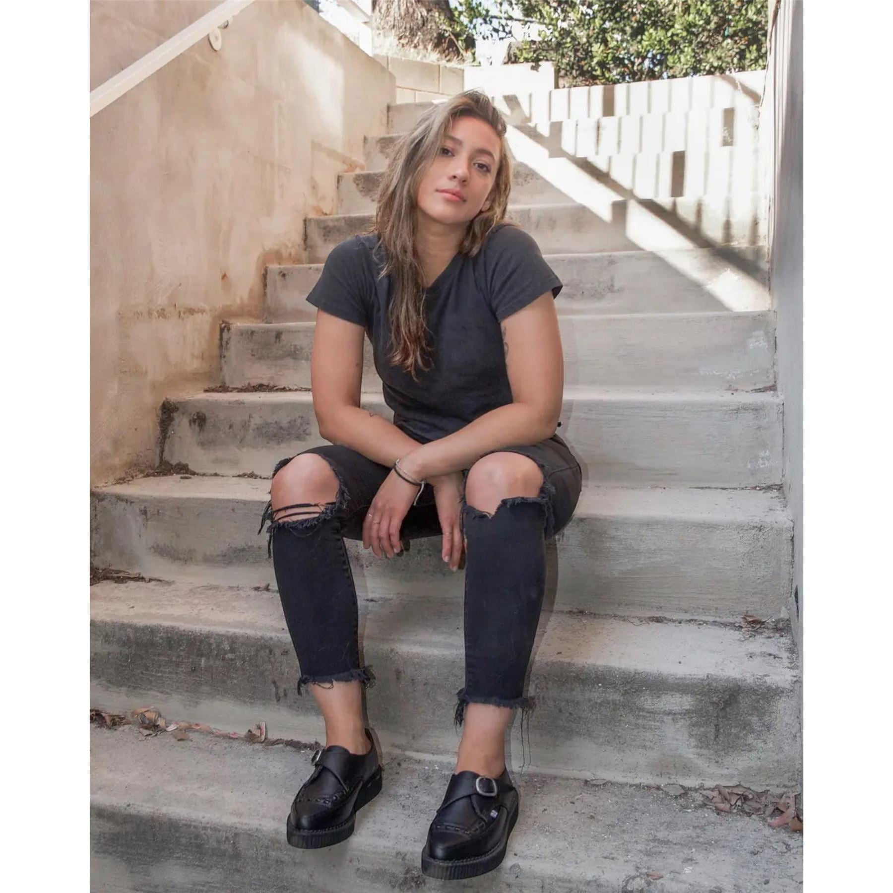 TUK Pointed Creeper Black Leather Monk Buckle Platform Shoes - A8520