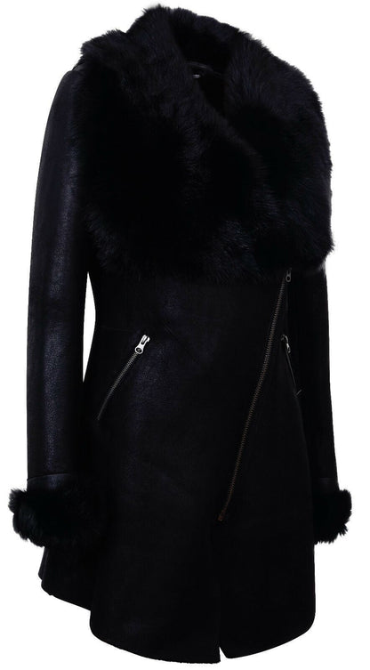 Womens Black Merino Shearling Toscana Coat-Romford