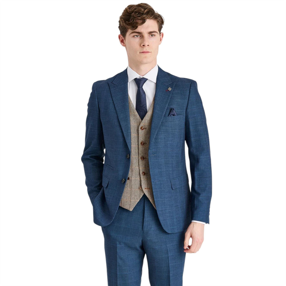 Mens Navy Suit with Brown Tweed Waistcoat Wedding Suit - Harris