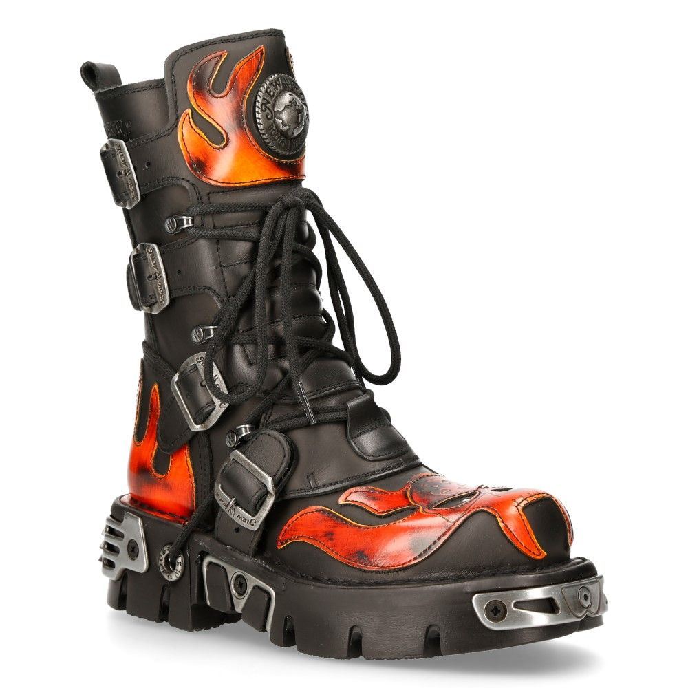 New Rock Flame Accented Black/Red Leather Biker Skull Boots - 107-S1